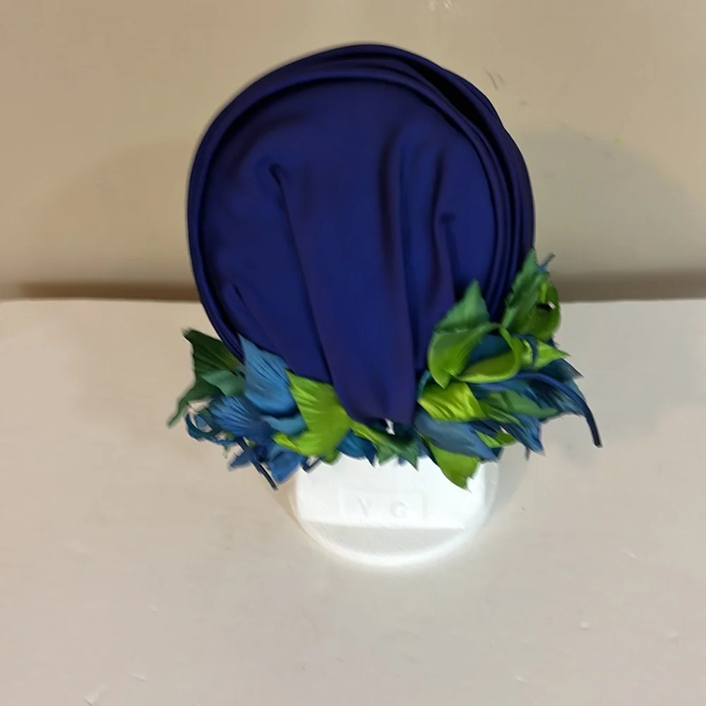 Vintage Royal Blue Satin Christine Original Hat with Leaves Accent